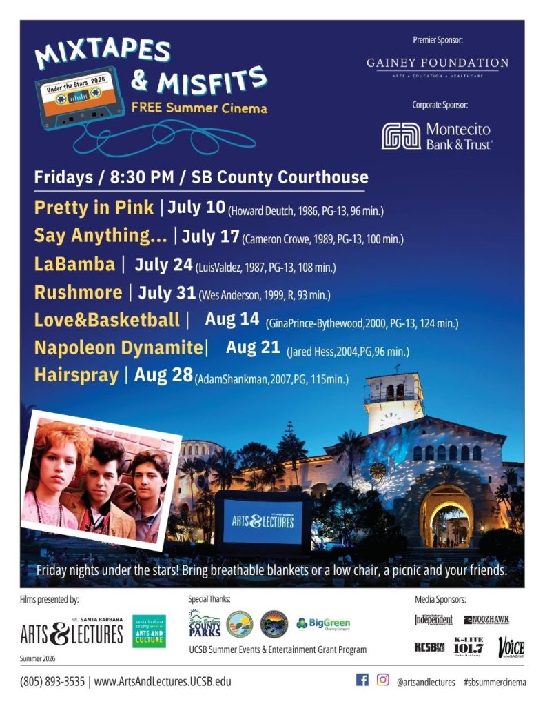Poster for Mixtapes & Misfits free summer cinema at SB County Courthouse; lists six movies with dates in July and August 2015. Includes sponsor logos, event details, and images from featured films.