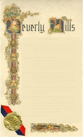 Ornate document with decorative gold borders, a city seal, a red and blue ribbon, and the words Beverly Hills in elaborate medieval-style lettering at the top. Faint text hints at ties to Santa Barbara County.
