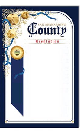 A decorative Santa Barbara County Resolution template featuring gold accents, a blue ribbon with a seal, and space for text on a white background bordered in dark blue.
