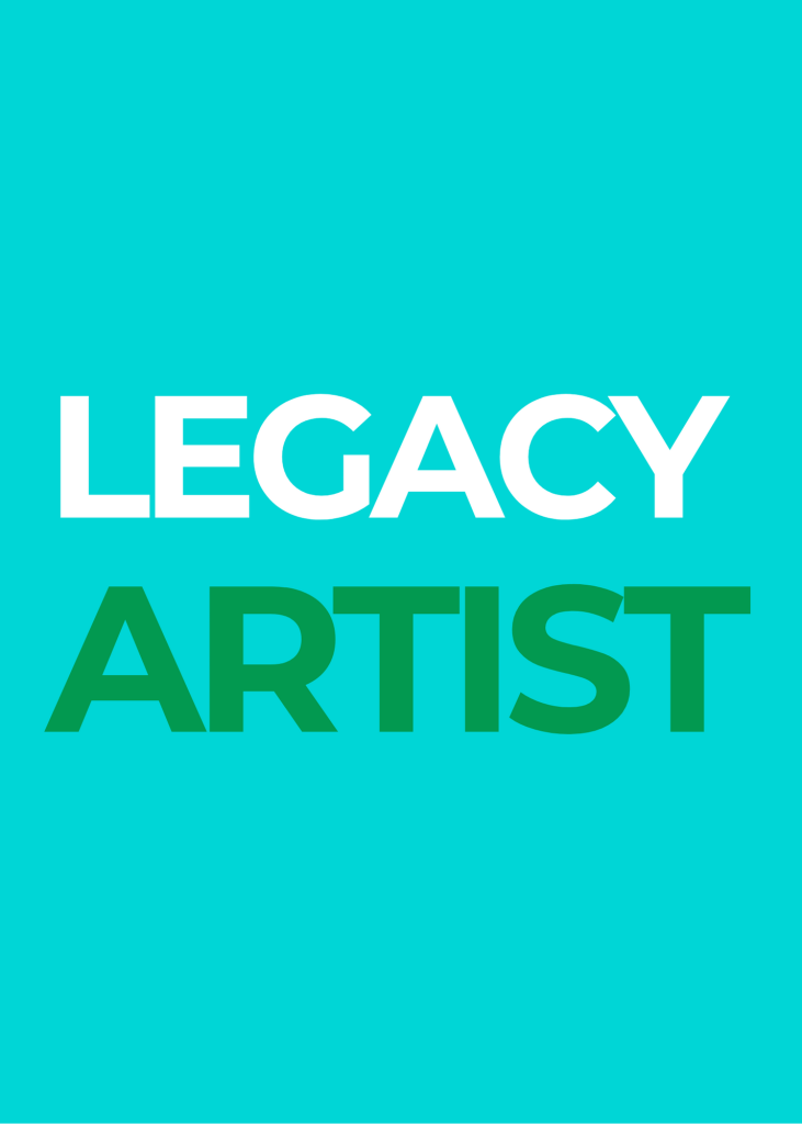 Text graphic with a turquoise background that says LEGACY in bold white letters above ARTIST in bold green letters, inspired by the vibrant creative spirit of Santa Barbara County.