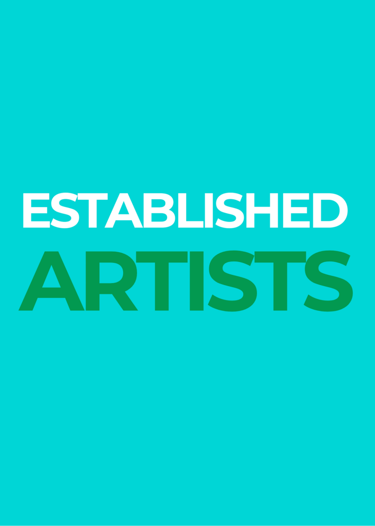 Text on a turquoise background reads ESTABLISHED ARTISTS, with ESTABLISHED in white uppercase letters and ARTISTS in bold dark green uppercase letters, celebrating talent from Santa Barbara County.