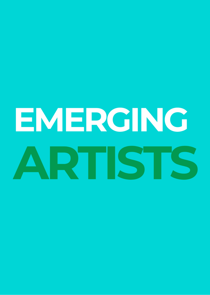Text graphic with the words “EMERGING ARTISTS” on a turquoise background; “EMERGING” is in white, and “ARTISTS” in green—highlighting new talent from Santa Barbara County.