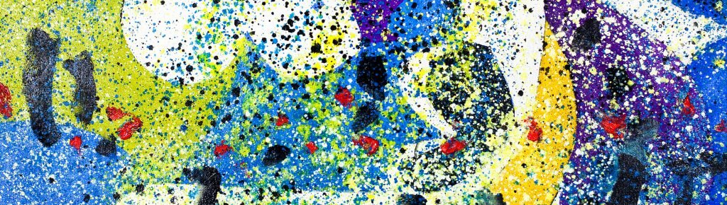 Abstract painting featuring splashes and speckles of blue, yellow, black, white, and red—much like the vibrant energy of Santa Barbara County—with overlapping shapes and vivid colors creating a dynamic, textured effect.