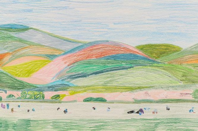 Colorful pencil drawing of rolling hills under a blue sky in Santa Barbara County, with soft shades of green, pink, orange, and blue. Small figures or animals dot the flat grassy field in the foreground.