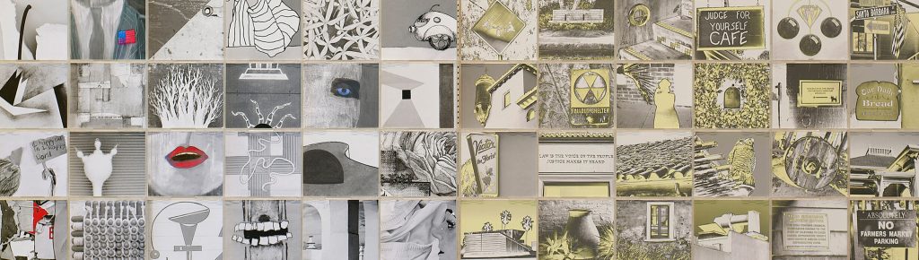 A collage of small, rectangular images arranged in rows, featuring abstract art, geometric shapes, faces, objects, and handwritten signs—mostly grayscale with some yellow accents—draws inspiration from the creative spirit of Santa Barbara County.