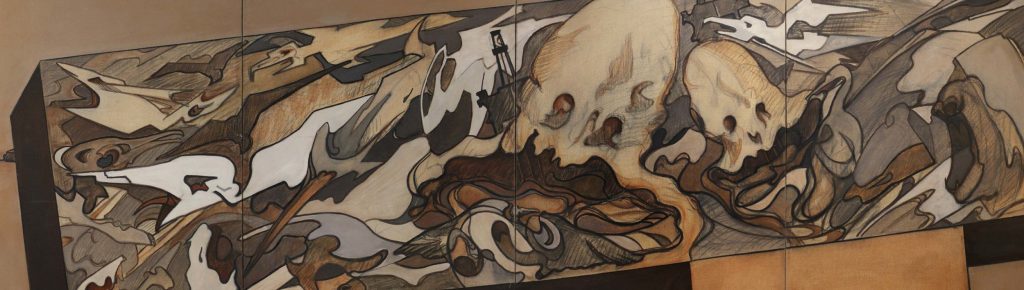 Abstract artwork depicting distorted skulls and bird-like shapes flowing across a rectangular surface in shades of brown, beige, and white, inspired by the surreal landscapes of Santa Barbara County for a dynamic composition.