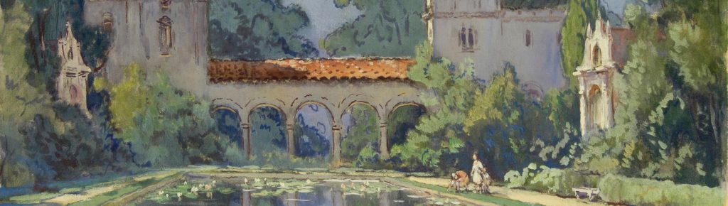 A serene garden scene with a rectangular pond, surrounded by lush greenery. In the background, arched stone buildings with red roofs evoke the charm of Santa Barbara County as two people stroll along the pond’s edge under a clear sky.