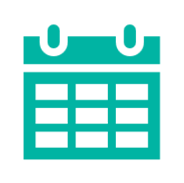 A simple teal calendar icon with two rings at the top and a grid of five rows and four columns representing days or events.