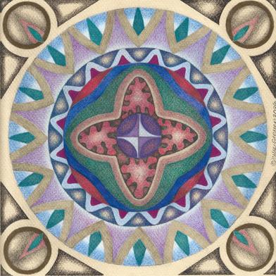 A colorful mandala with layered, symmetrical geometric patterns in blue, green, purple, red, and gold. The design features circles, triangles, and wavy shapes radiating from a central cross-like motif.