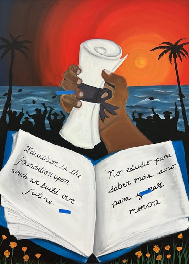 A hand holds a diploma against a sunset, with silhouettes cheering by the ocean. An open book in the foreground displays text in English and Spanish about education shaping the future. Palm trees frame the vibrant scene.