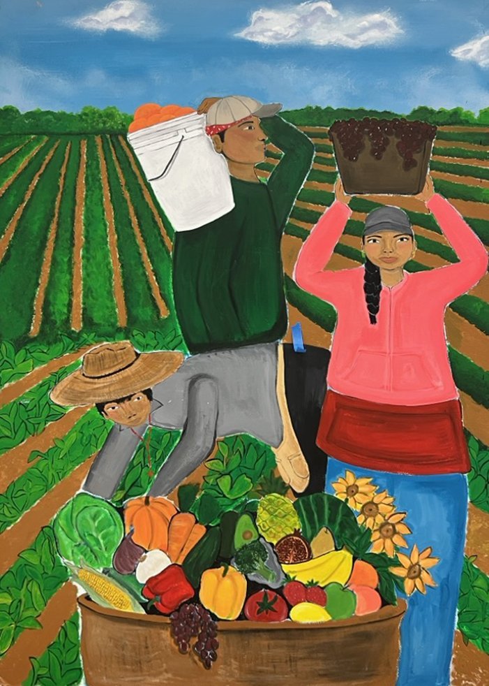 A colorful painting of three farm workers in a field. One carries a white bucket on their shoulder, another lifts a brown basket overhead, and the third picks crops. A basket of vegetables and flowers is in the foreground.